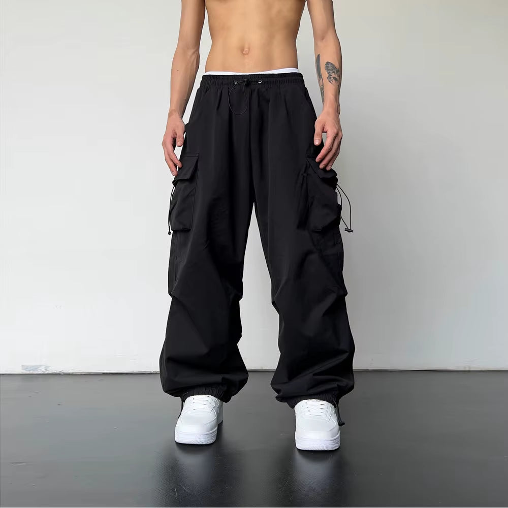 Spring Summer Fashion Casual Pans for Men Streetwear Solid Color Cargo Pants Elastic Waist Wide Leg Men'S Joggers