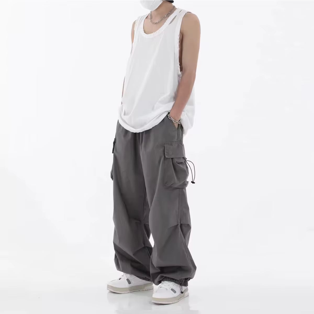 Spring Summer Fashion Casual Pans for Men Streetwear Solid Color Cargo Pants Elastic Waist Wide Leg Men'S Joggers